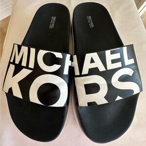 Michael Kors Logo Slide Sandals Black White Platform Slides Women